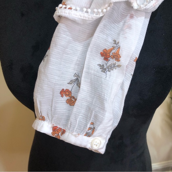 Ann Taylor Floral Linen Long Sleeve High-neck Ruffle Ivory Blouse Oversized XS - Picture 4 of 8